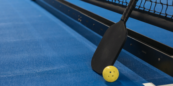 Pickleball paddle, ball, and net